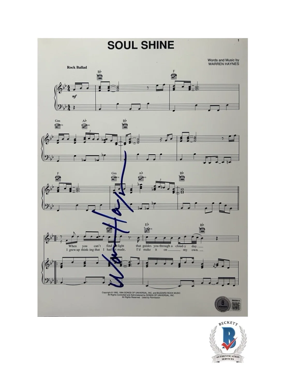 Warren Haynes — Warren Haynes Signed Autograph Soul Shine Sheet Music Beckett COA