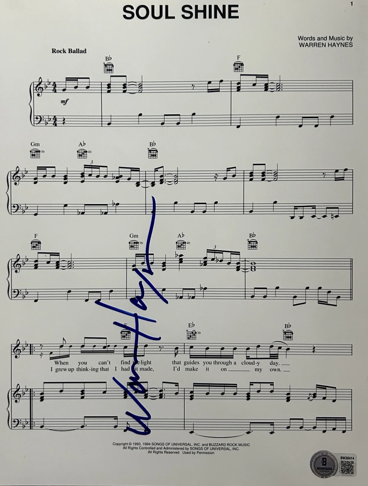 Warren Haynes — Warren Haynes Signed Autograph Soul Shine Sheet Music Beckett COA, изображение 2