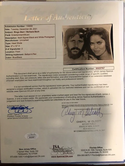 RINGO STARR & BARBARA BACH SIGNED PICTURE LOA JSA, image 2
