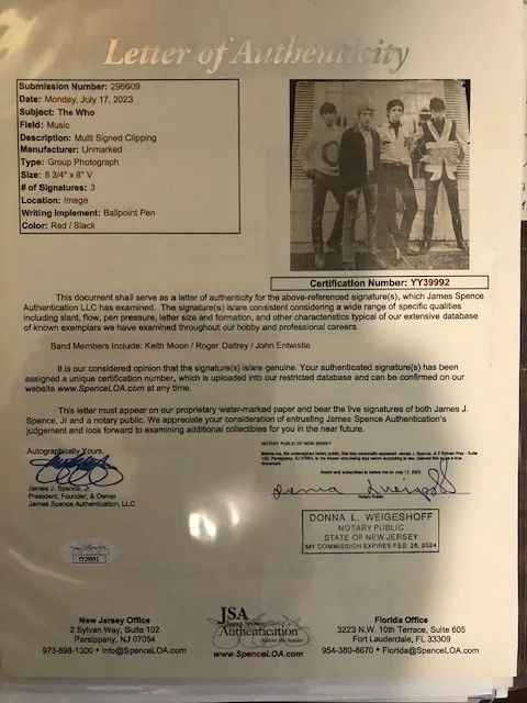 THE WHO SIGNED PICTURE KEITH MOON PLUS 2 LOA JSA, image 5