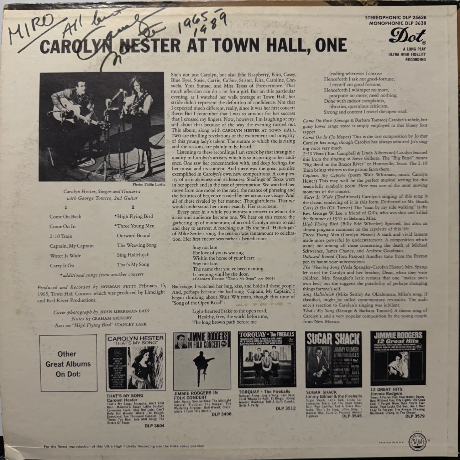 AUTOGRAPHED - CAROLYN HESTER "At Town Hall, One" MONO DLP 3638 DOT RECORDS vinyl, изображение 2