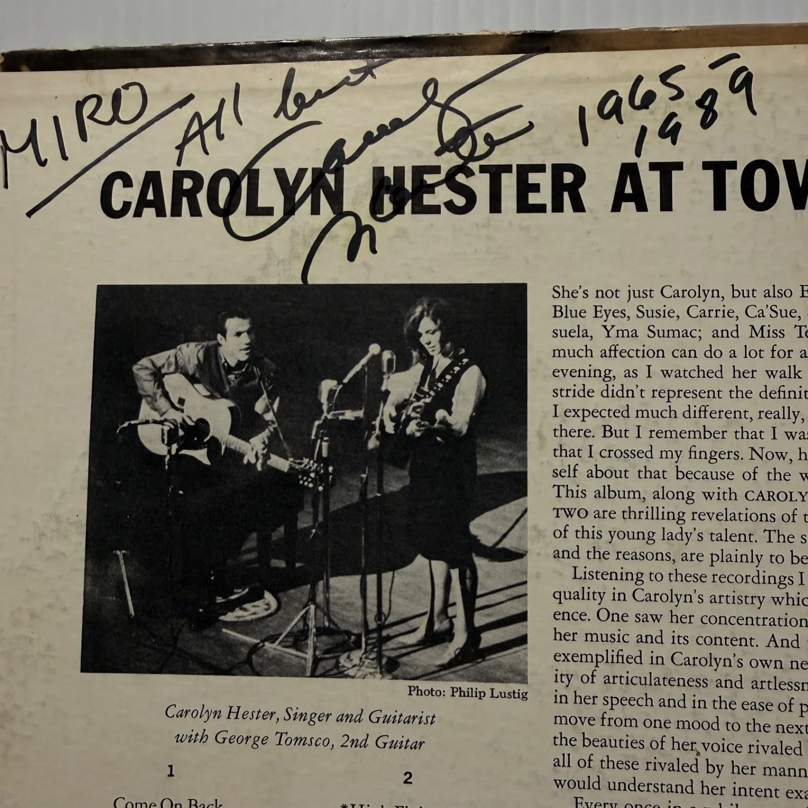 AUTOGRAPHED - CAROLYN HESTER "At Town Hall, One" MONO DLP 3638 DOT RECORDS vinyl, изображение 3