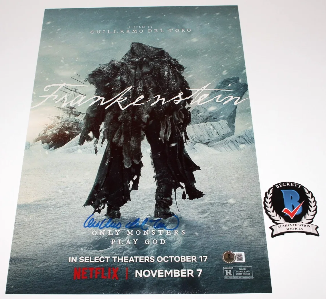 DIRECTOR GUILLERMO DEL TORO SIGNED FRANKENSTEIN 12x18 MOVIE POSTER A BECKETT COA, изображение 2