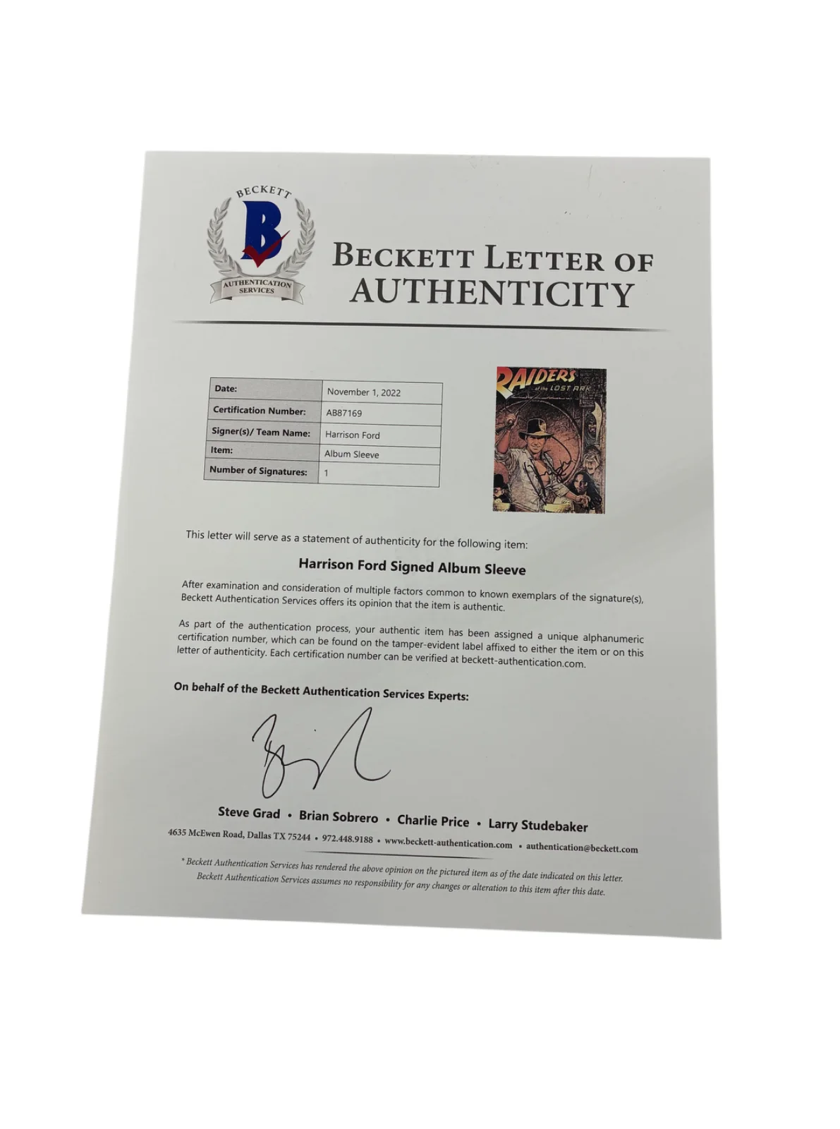 Harrison Ford — Harrison Ford Signed Autographed Raiders of the Lost Ark Signed Album Sleeve BAS, image 3