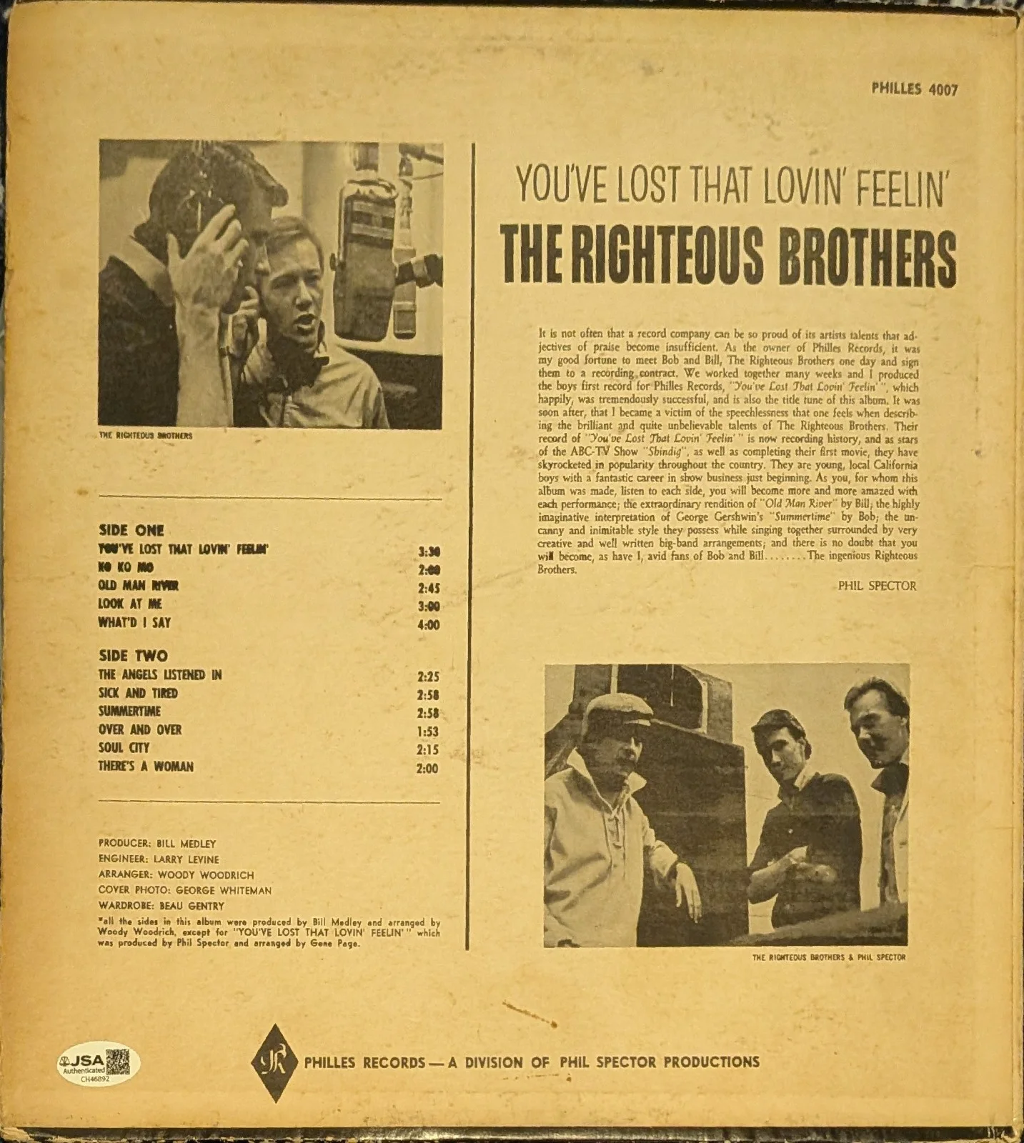 Bill Medley Signed Vinyl Record LP Album Autographed JSA COA Righteous Brothers, изображение 3