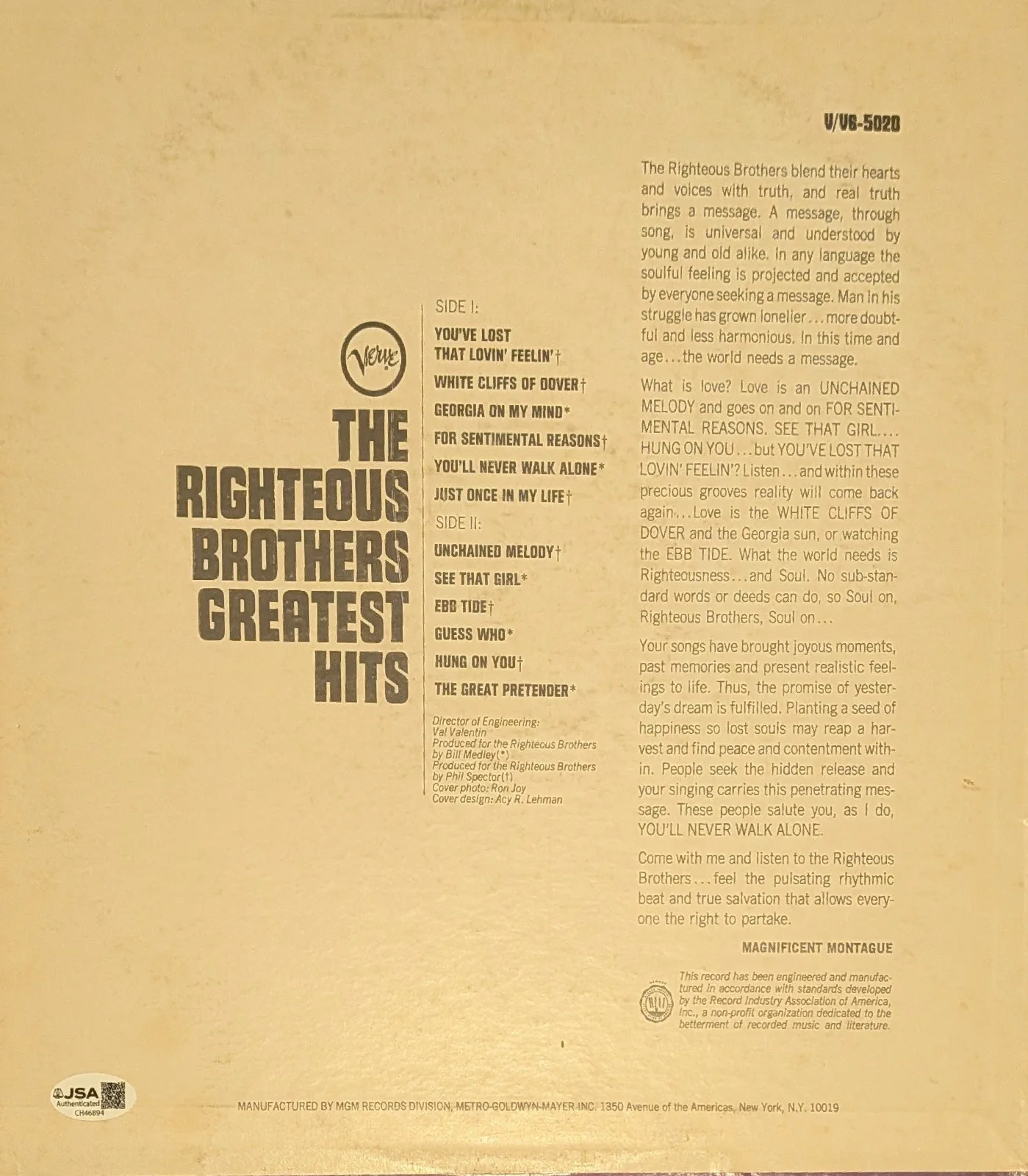 Bill Medley Signed Vinyl Record LP Album Autographed JSA COA Righteous Brothers, изображение 2