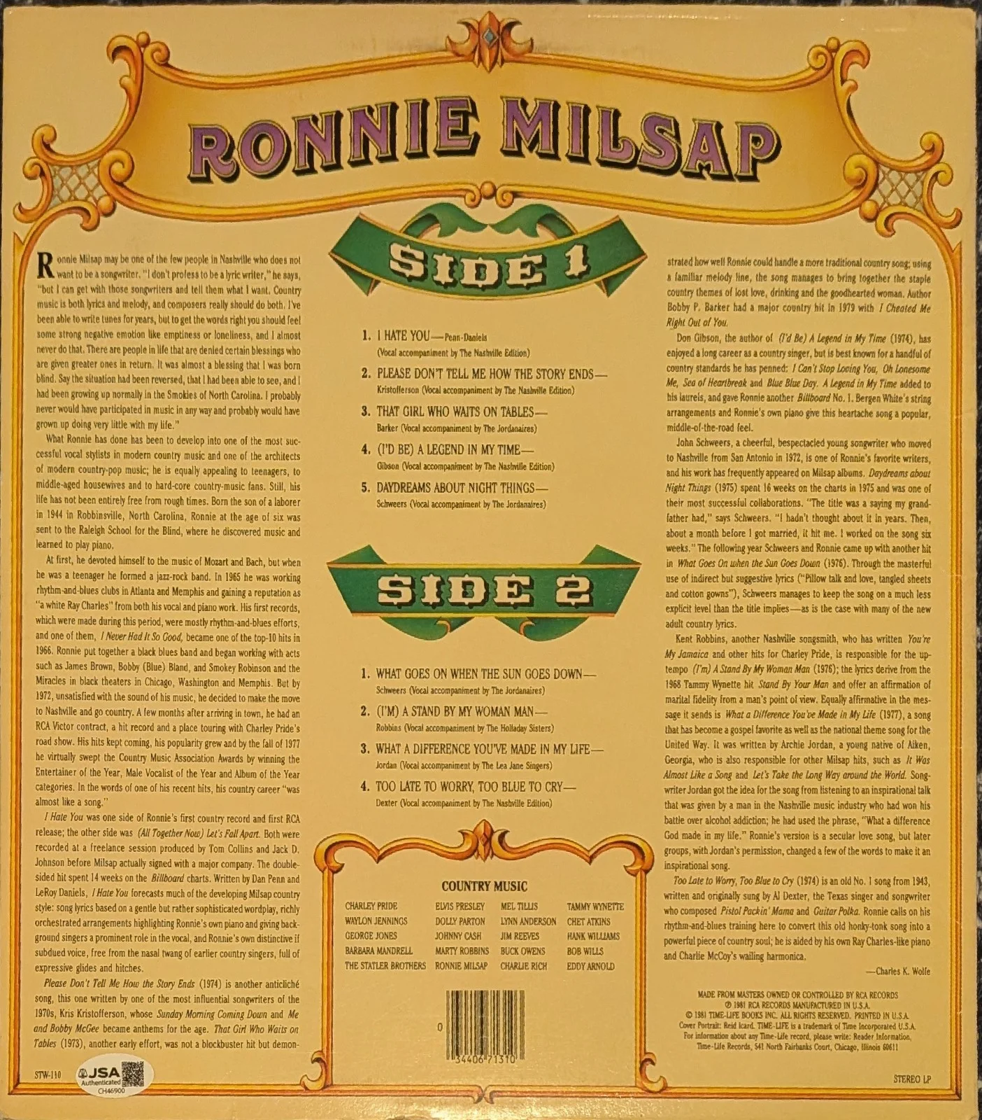 Ronnie Milsap Signed Country Music Vinyl Record Album LP Autographed JSA COA, изображение 2