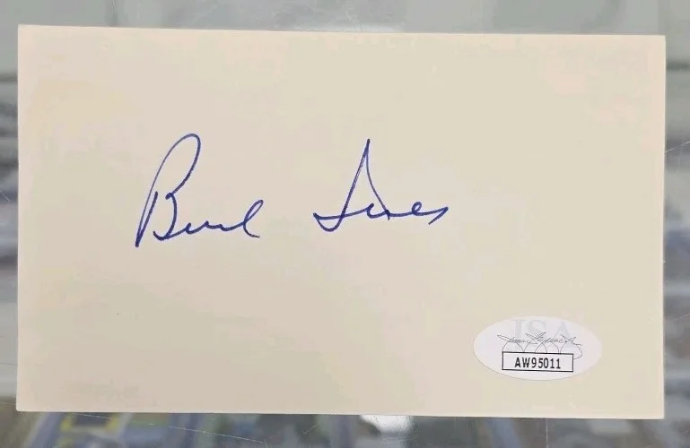 Burl Ives — Burl Ives Signed Index Card JSA Certified - "Just You And Me Kid"