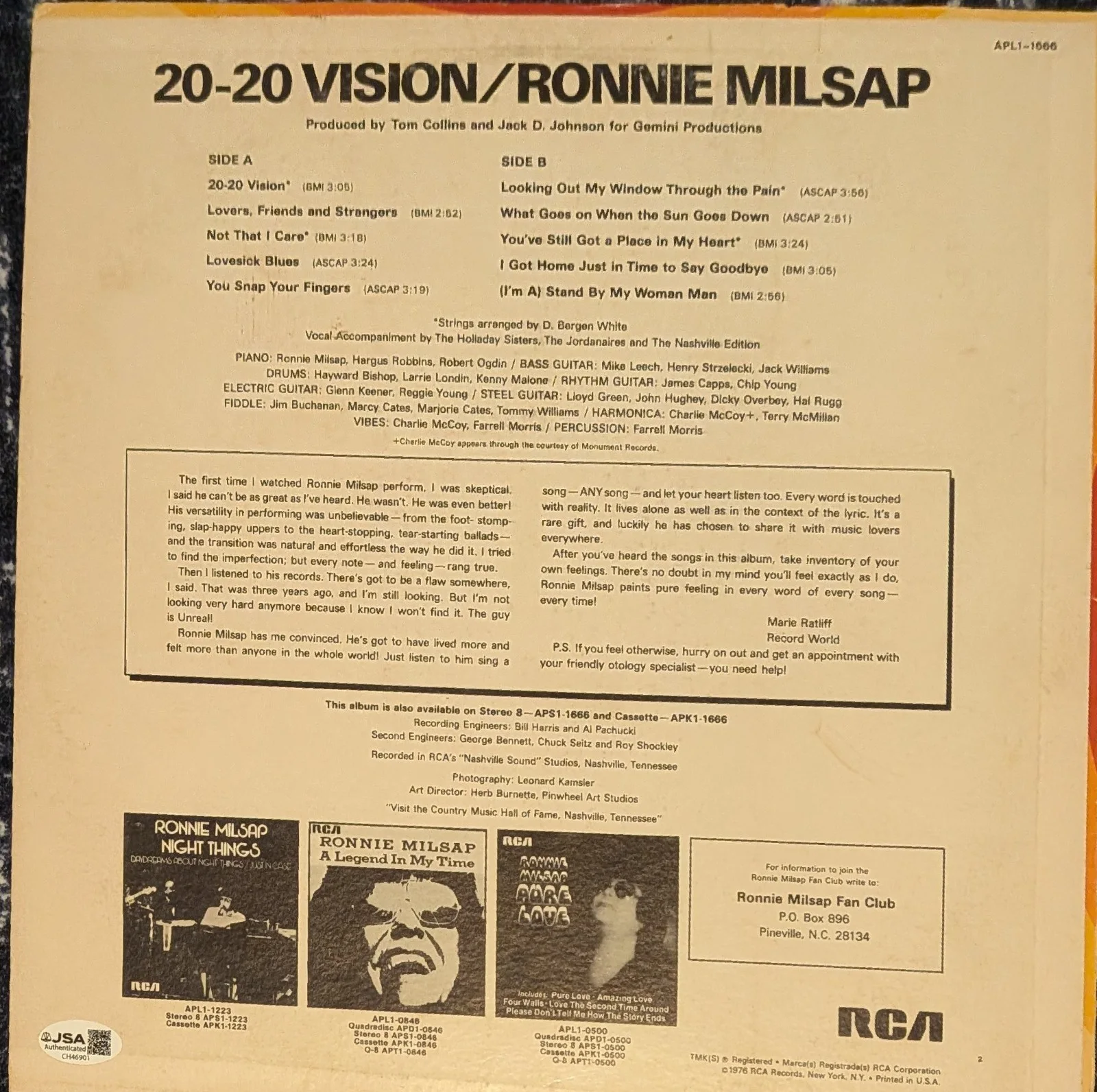 Ronnie Milsap Signed 20/20 Vision Vinyl Record Album LP Autographed JSA COA, изображение 2