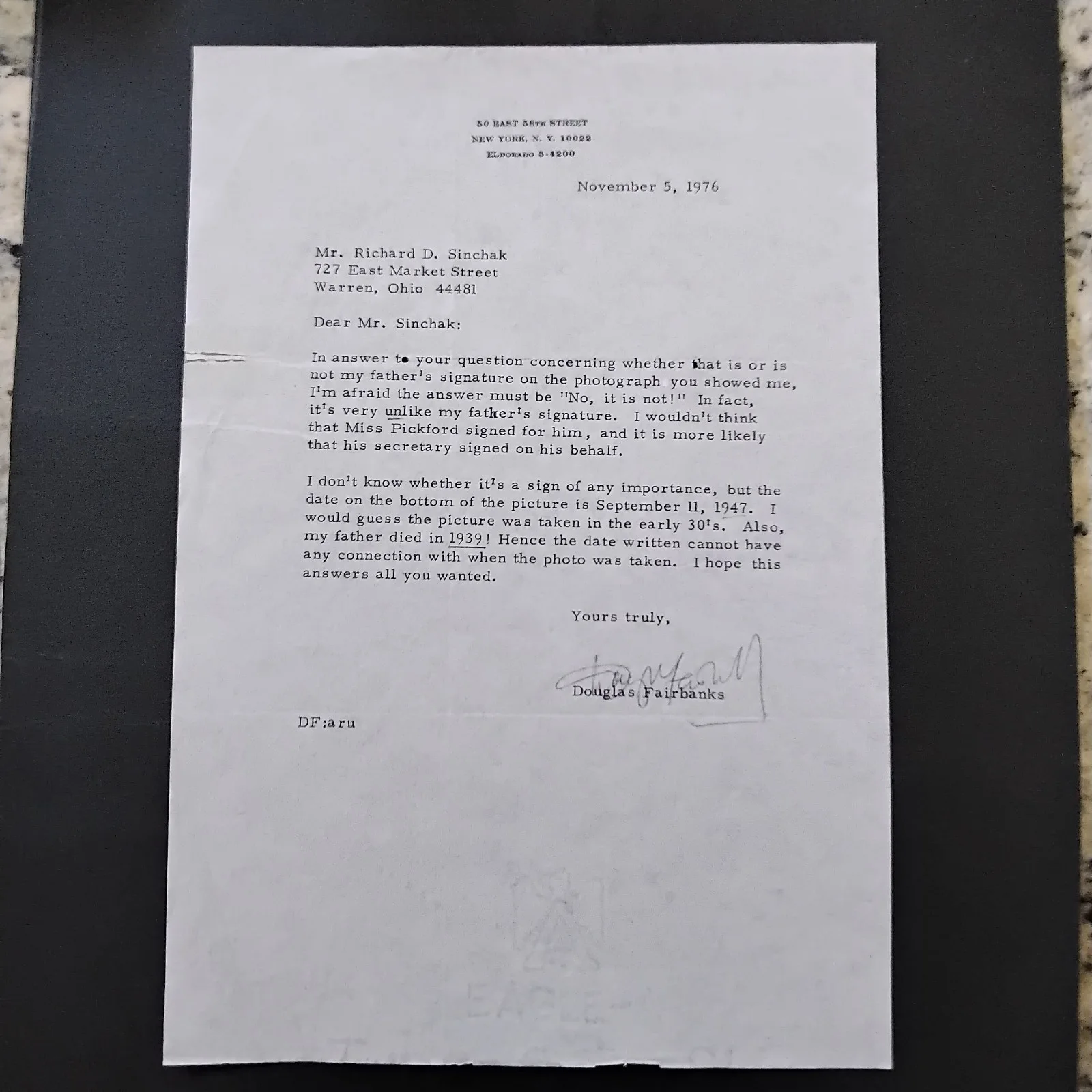 Douglas Fairbanks Jr SIGNED 1976 Letter Movie Actor Sinbad Dawn Patrol Gunga Din, изображение 5