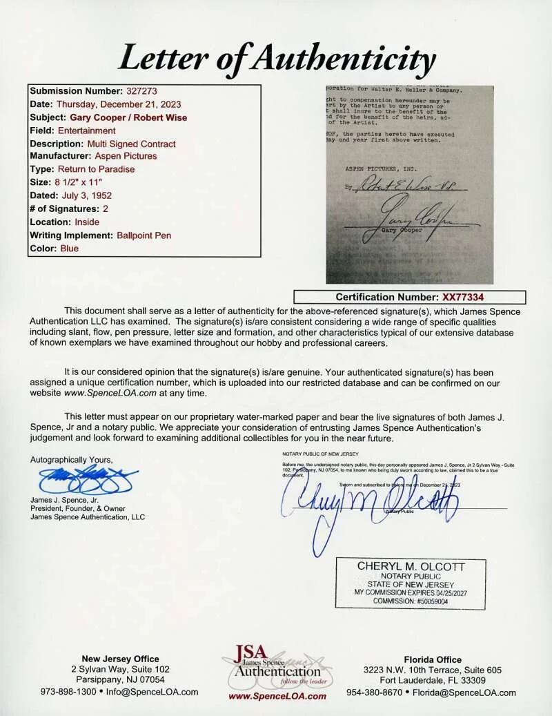 Gary Cooper Robert Wise — Gary Cooper Robert Wise JSA Signed 1952 Aspen Pictures Return Paradise Contract, image 2