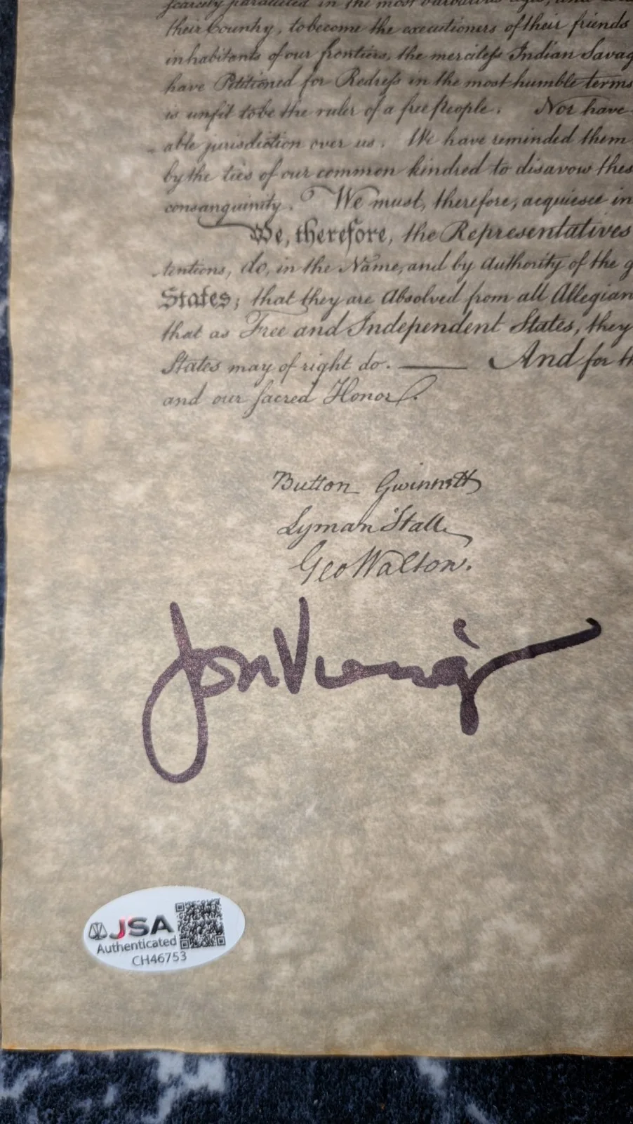 Jon Voight — Jon Voight Signed Declaration Of Independence Auto JSA COA National Treasure, image 2