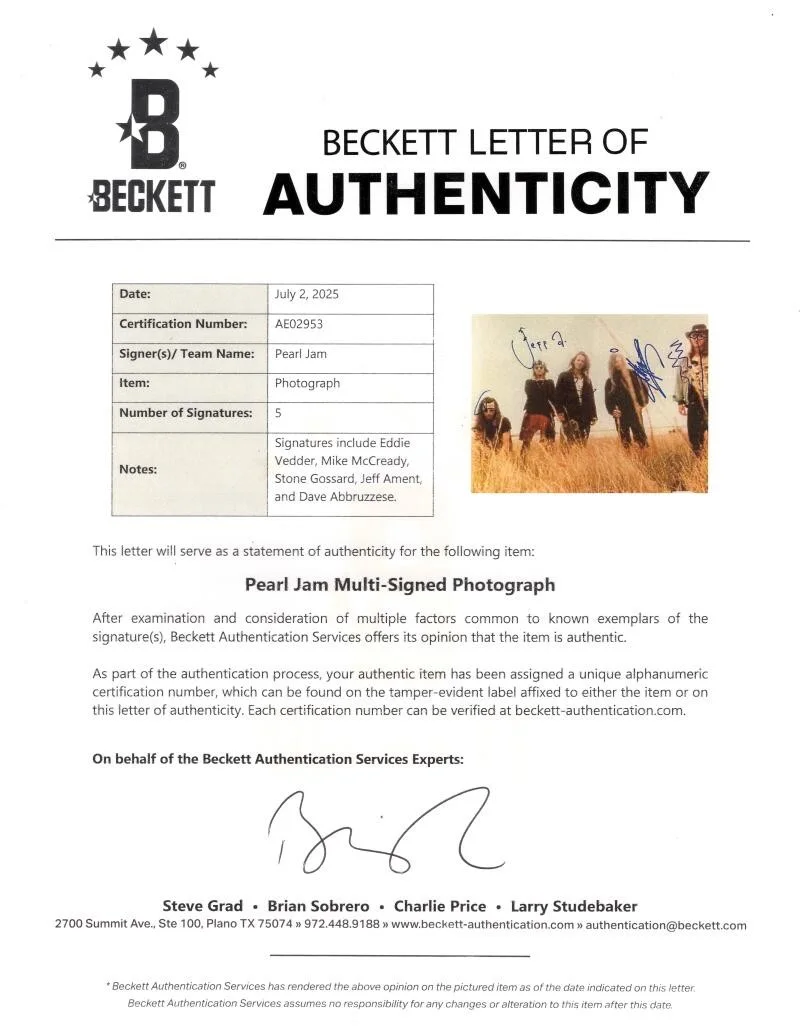 Dave Abbruzzese, Jeff Ament, Stone Gossard, Mike McCready, Eddie — Pearl Jam Full Band x5 Signed Autograph Vintage 11x14 Photo w/ Beckett COA, изображение 2