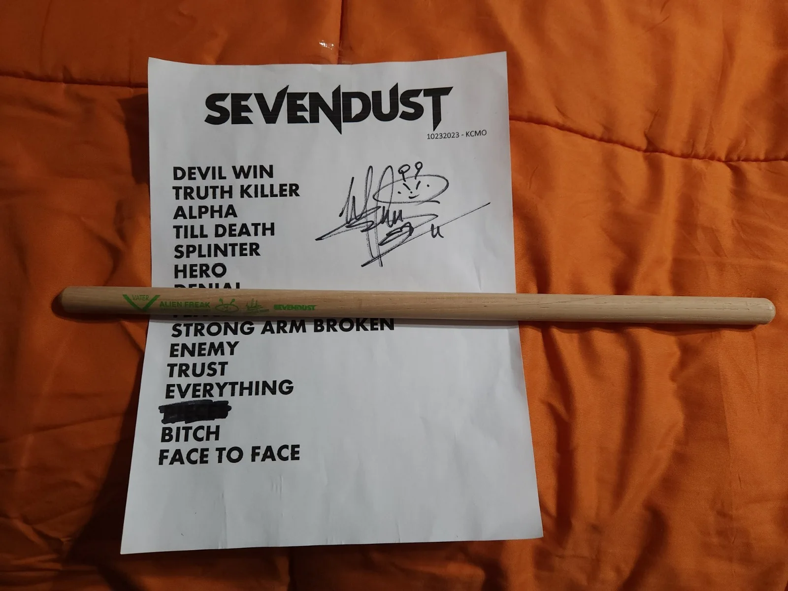 Sevendust Drummer Morgan Rose Used Set List Signed, 1 Unused Drumstick Kc 2023, изображение 5