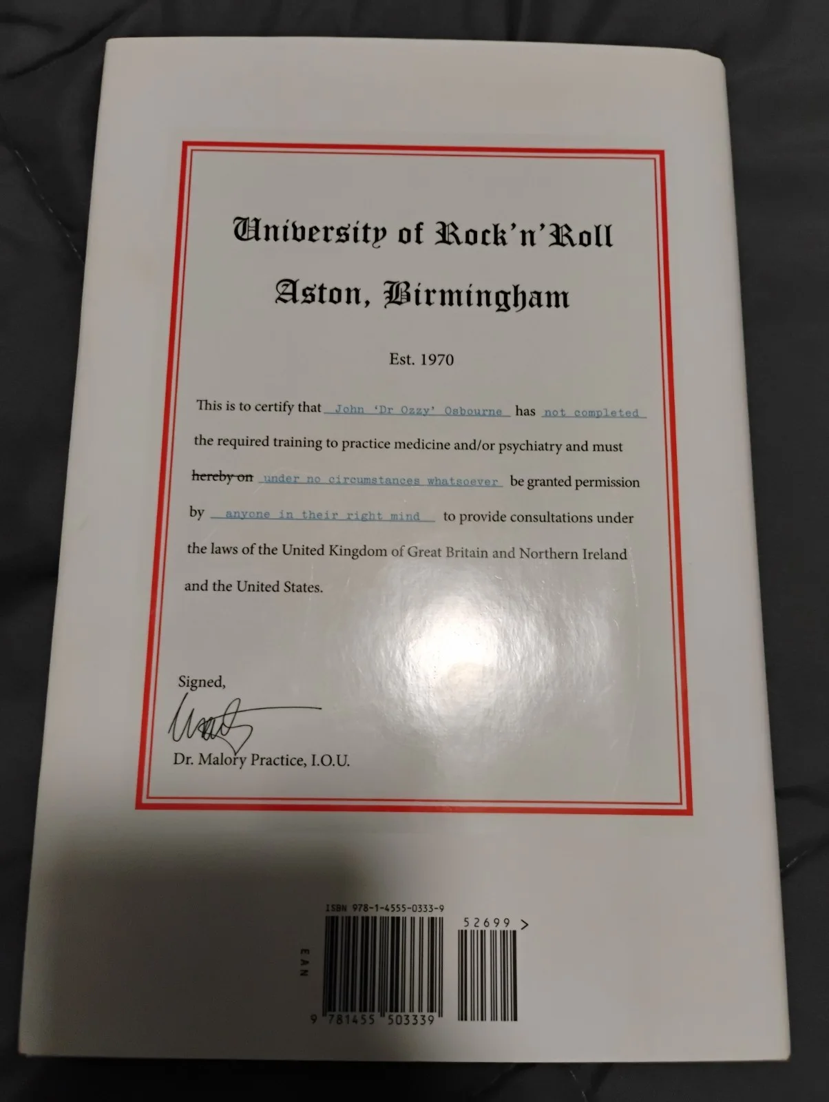 Autographed Ozzy Osbourn Book Trust Me, I'm Dr. Ozzy IN PERSON SIGNED AUTOGRAPH, изображение 2