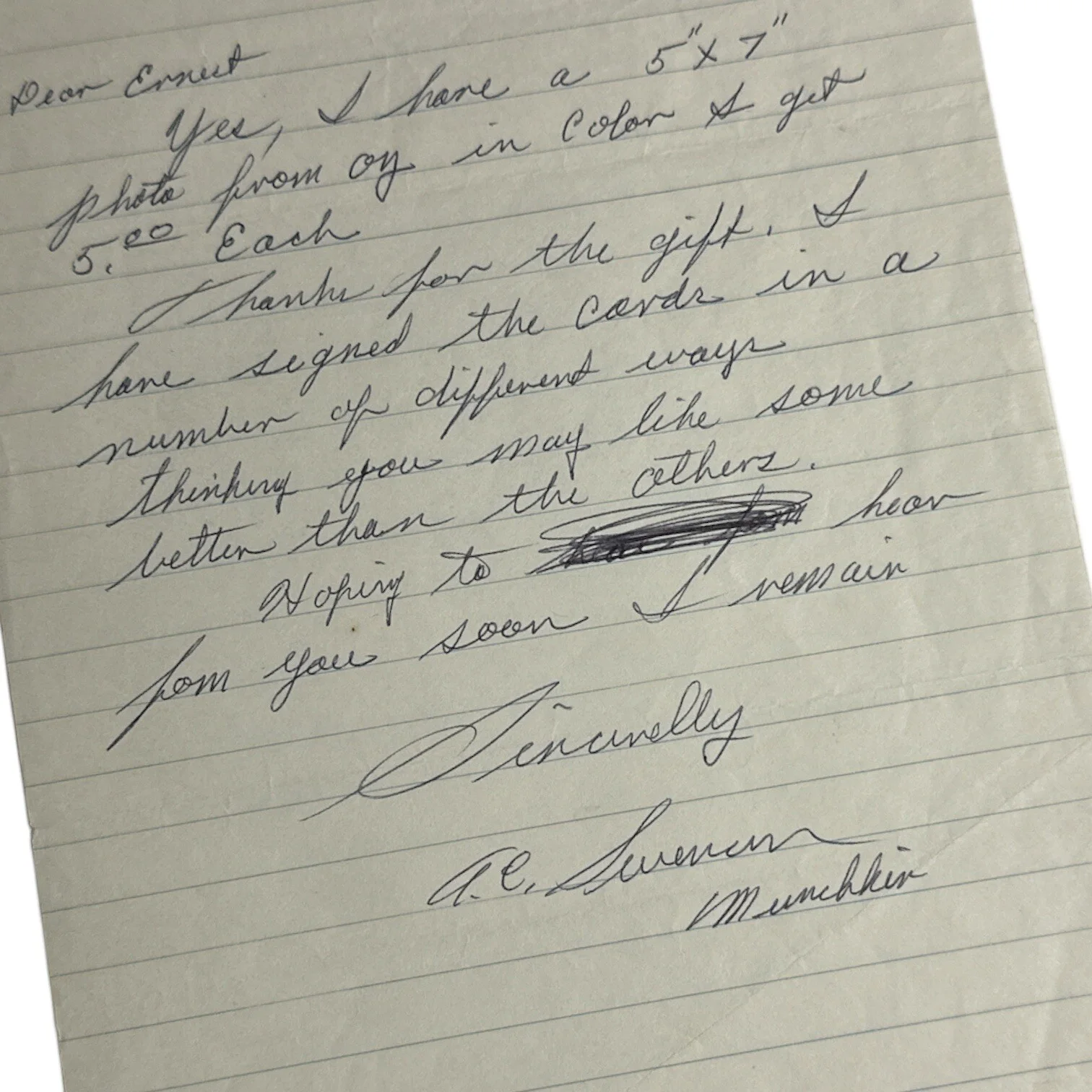 Clarence Swensen — Clarence Swensen (d. 2009) Handwritten Letter & Autograph! Wizard of Oz Munchkin, изображение 2