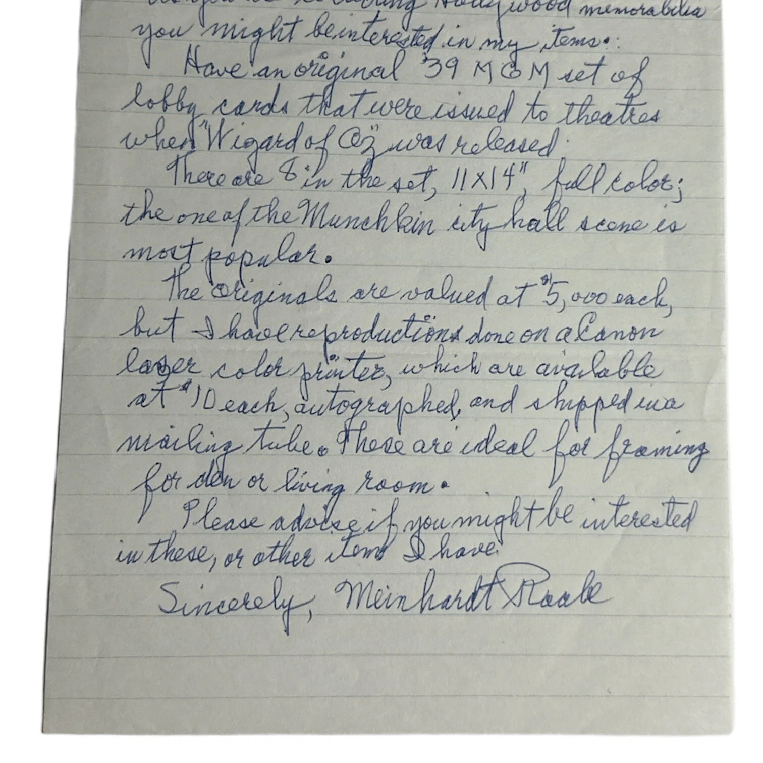Meinhardt Raabe — Meinhardt Raabe (d. 2010) Autographed Handwritten Letter! Wizard of Oz Munchkin!, image 2