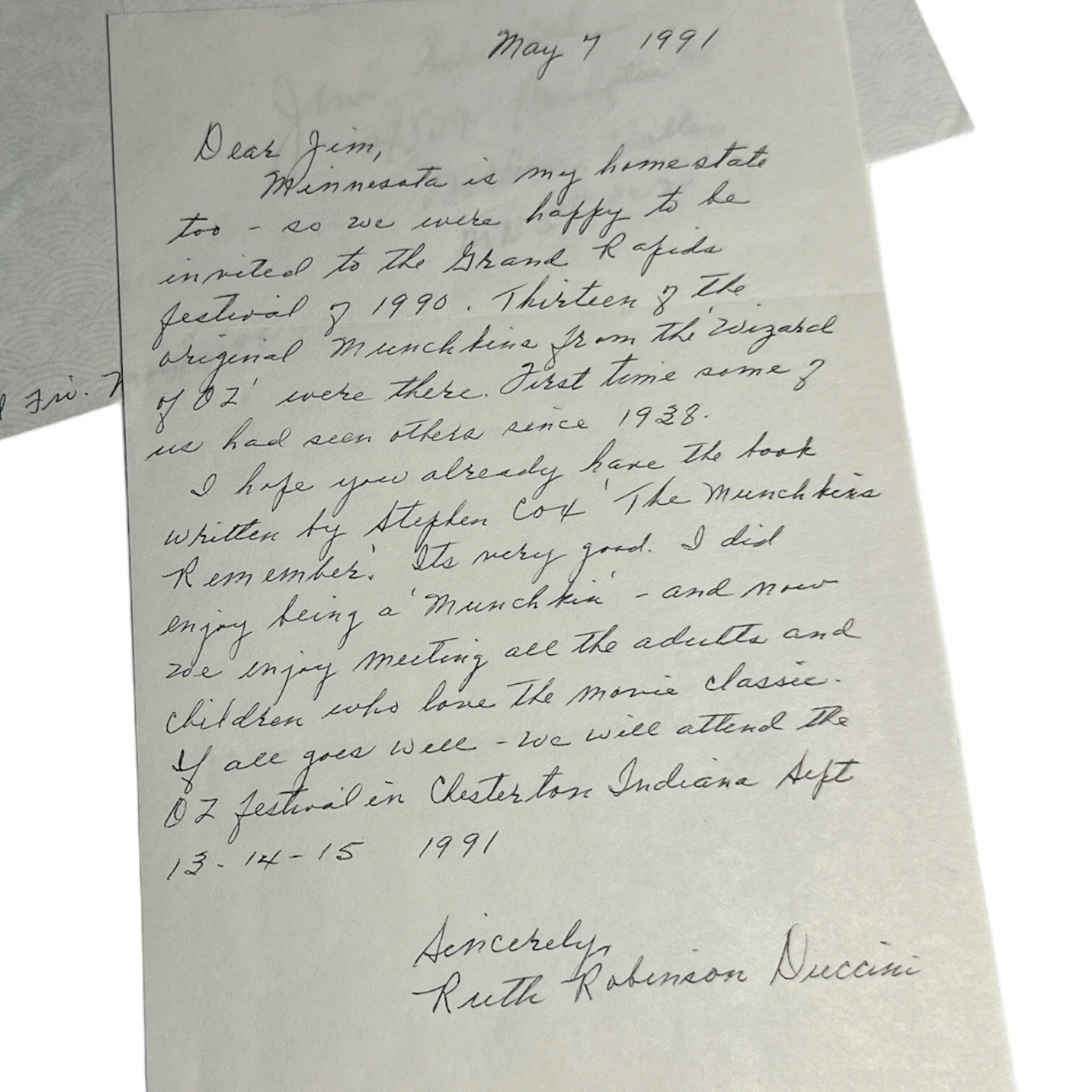 Ruth Robinson Duccini — Ruth Duccini (d. 2014) Handwritten Letter w/ Autograph Munchkin on Wizard of Oz!, изображение 2