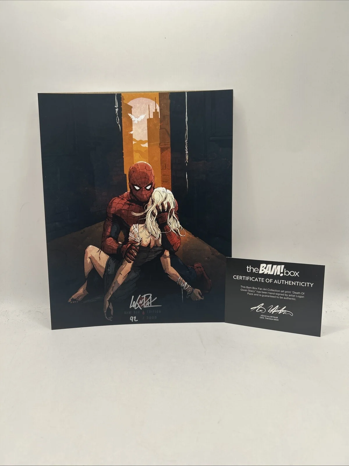 Logan Pack — Logan Pack Signed 8x10 BAM BOX Death of Gwen Stacy Print 224/3000 COA Spider Man