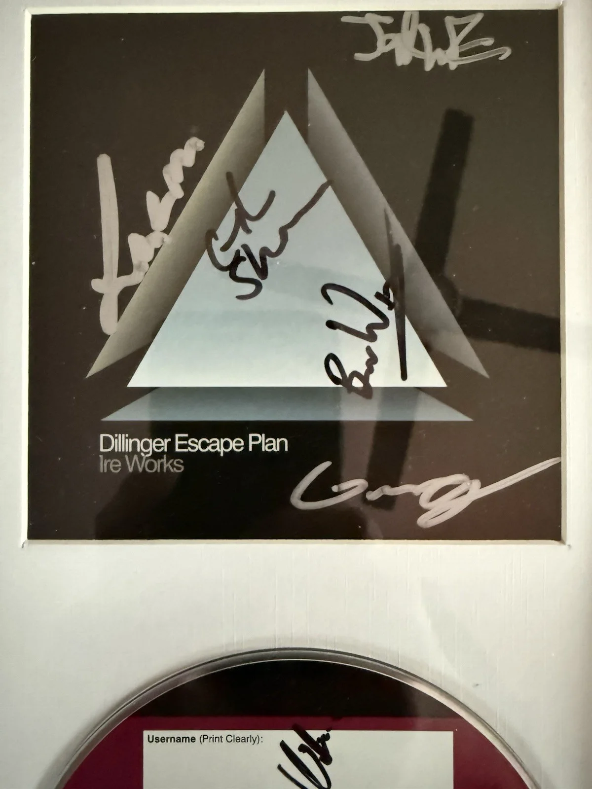 Ben Weinmen, Greg Puciato, Liam Wilson, Gil Sharone, Jeff Tuttle — THE DILLINGER ESCAPE PLAN - Framed ‘IRE WORKS’ SIGNED Booklet + SIGNED CD, image 2