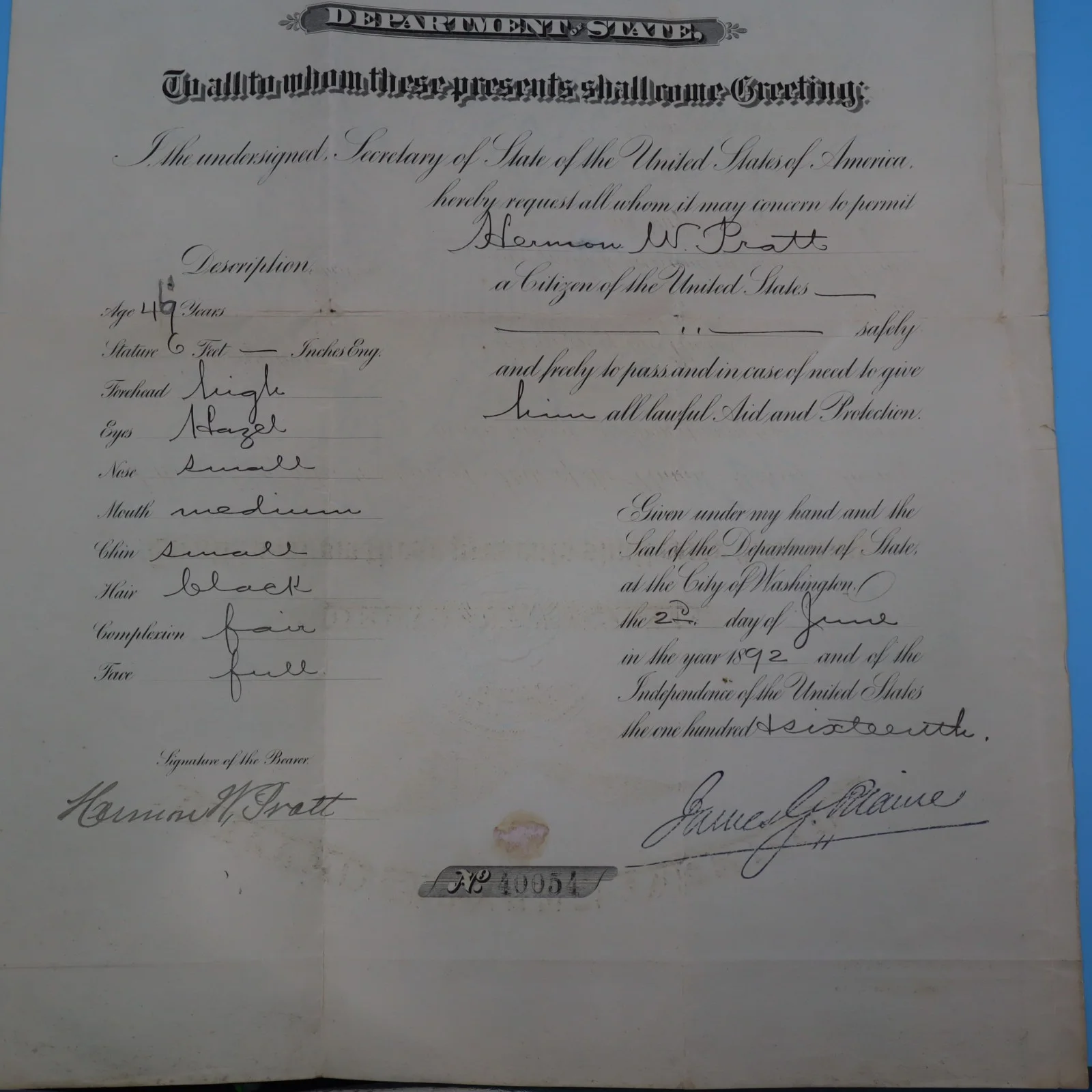 United States Department Of State 1892 Safe Passage Document JAMES G. BLAINE, изображение 4