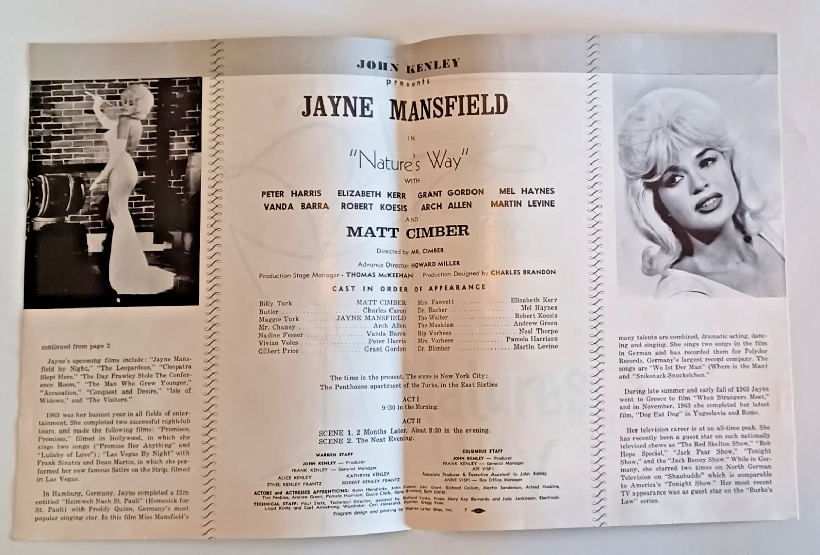 Jayne Mansfield Signed Nature’s Way Program 1960s Kenley Players + Matt Cimber, image 3