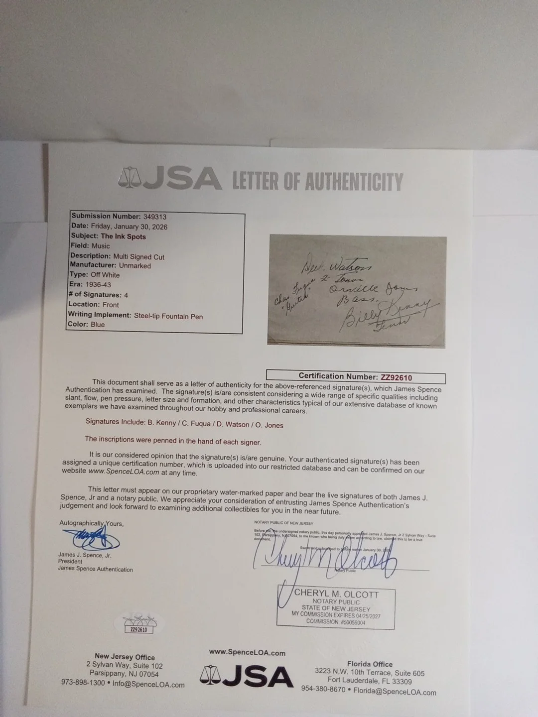 B. Kenny, C. Fuqua, D. Watson, O. Jones "The Ink Spot" Signed 4.25X3 Cut JSA COA, изображение 4