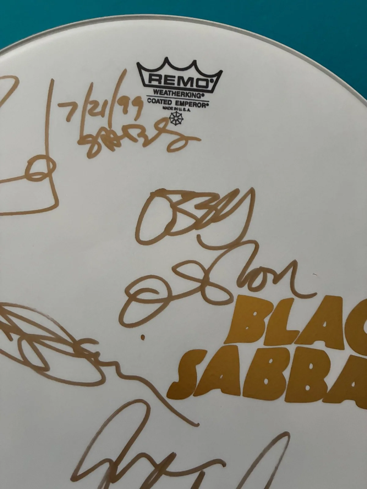 BLACK SABBATH Signed Drumhead 14 Inch x 4 dated 07/21/1999, image 3