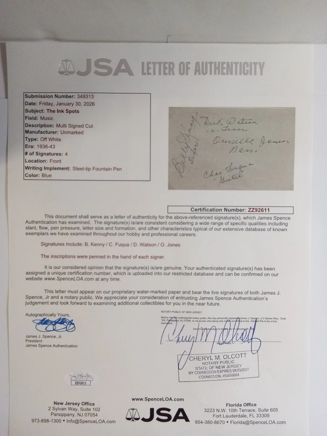 The Ink Spot B. Kenny, C. Fuqua, D. Watson, O. Jones Signed Cut JSA COA, image 4