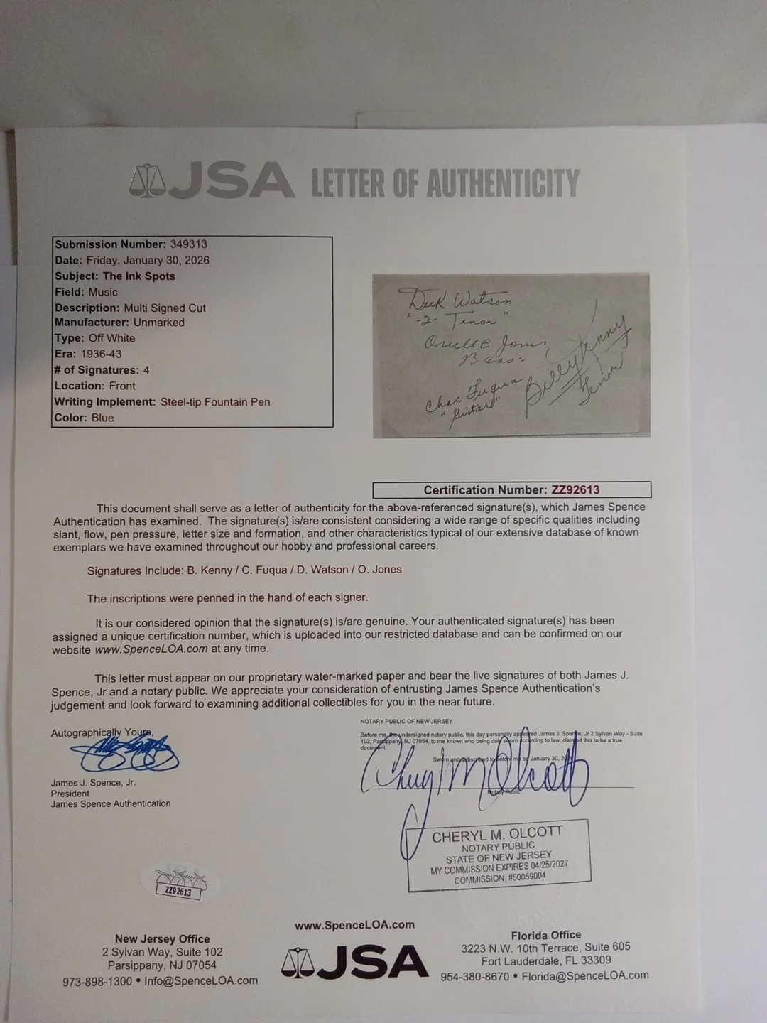 B. Kenny, C. Fuqua, D. Watson, O Jones The Ink Spots Signed 4x2.5 Cut JSA COA, изображение 4