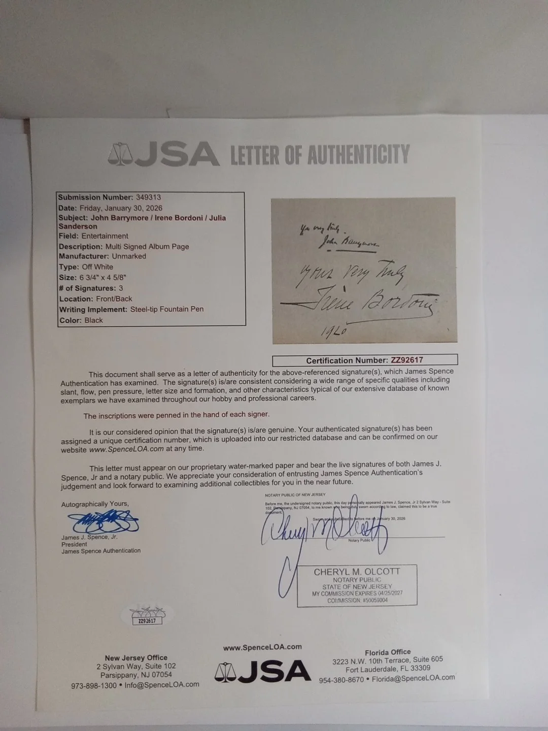 John Barrymore, Irene Bordoni, Julia Sanderson Signed 6.7x5.7 Album Page JSA COA, image 4