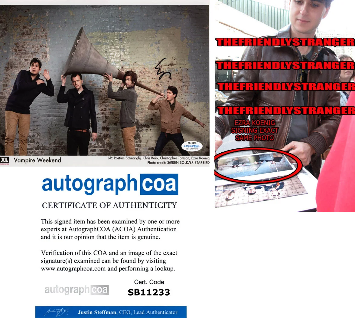 EZRA KOENIG — Ezra Koenig signed "VAMPIRE WEEKEND" 8x10 Photo EXACT PROOF g Autographed ACOA