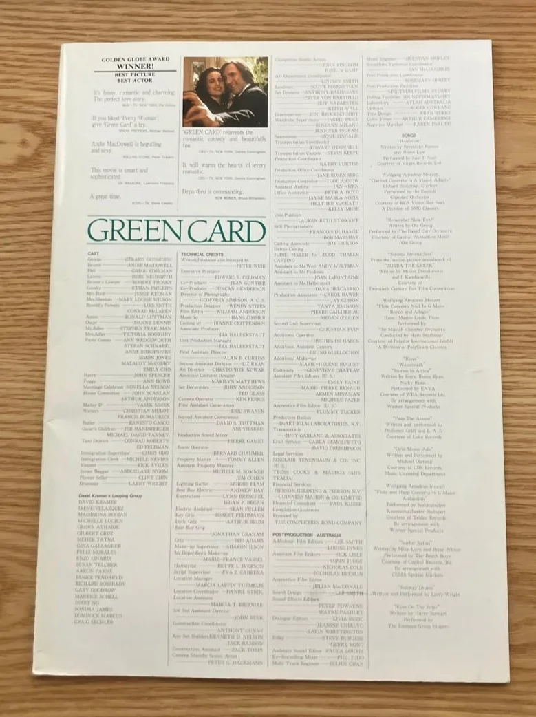 Green Card - Japanese Movie Programme / Brochure - Gérard Depardieu - 1990, image 3