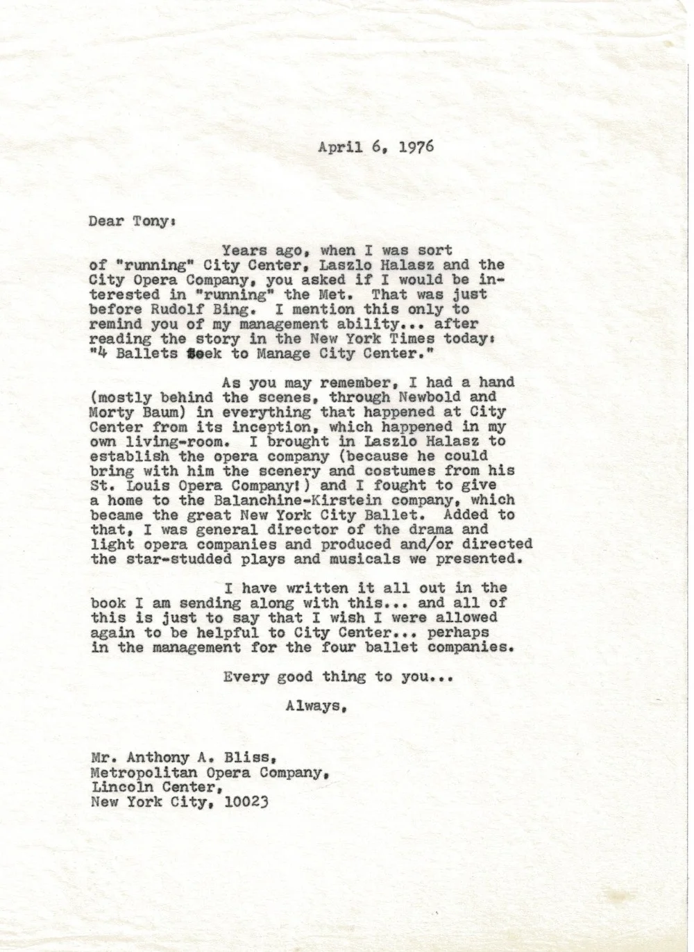 1976 LETTER SIGNED by EXEC DIRECTOR of MET Opera ANTHONY BLISS to Jean Dalrymple, изображение 2
