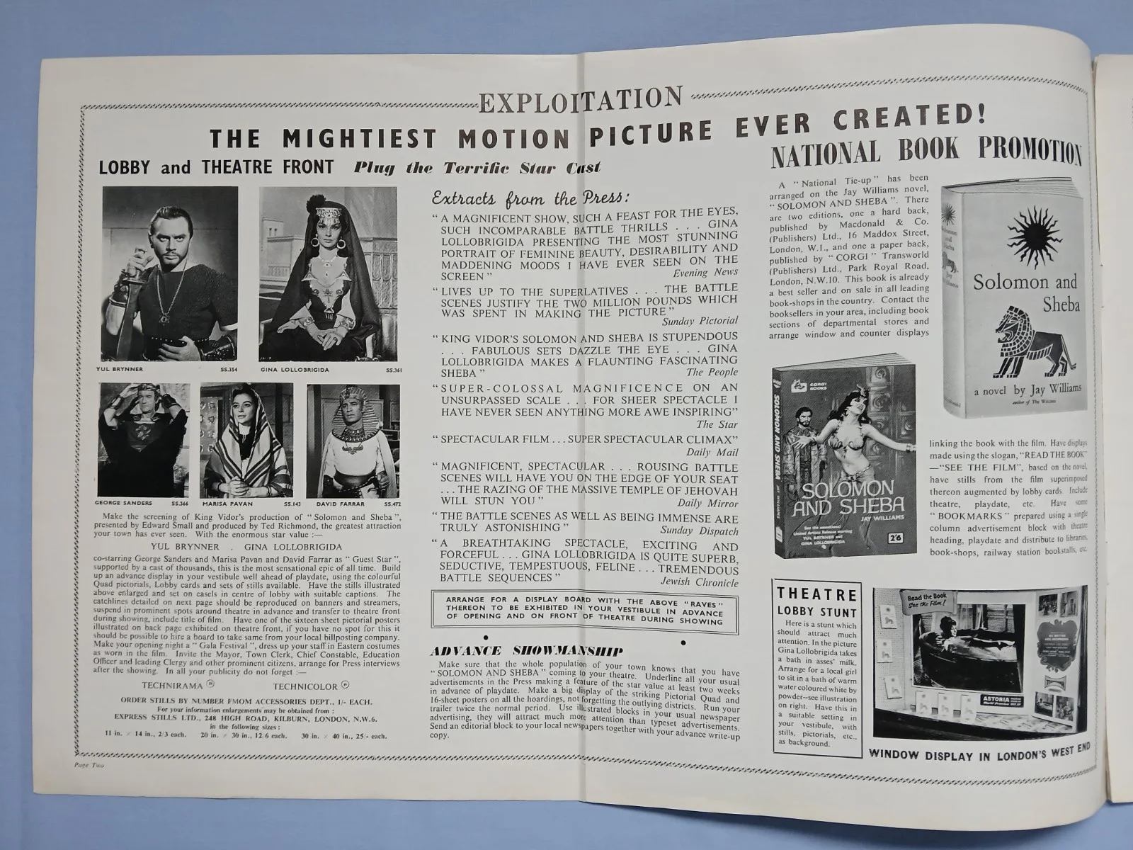 SOLOMON AND SHEBA (1959) rare original UK Exhibitors Campaign Press Book, image 2