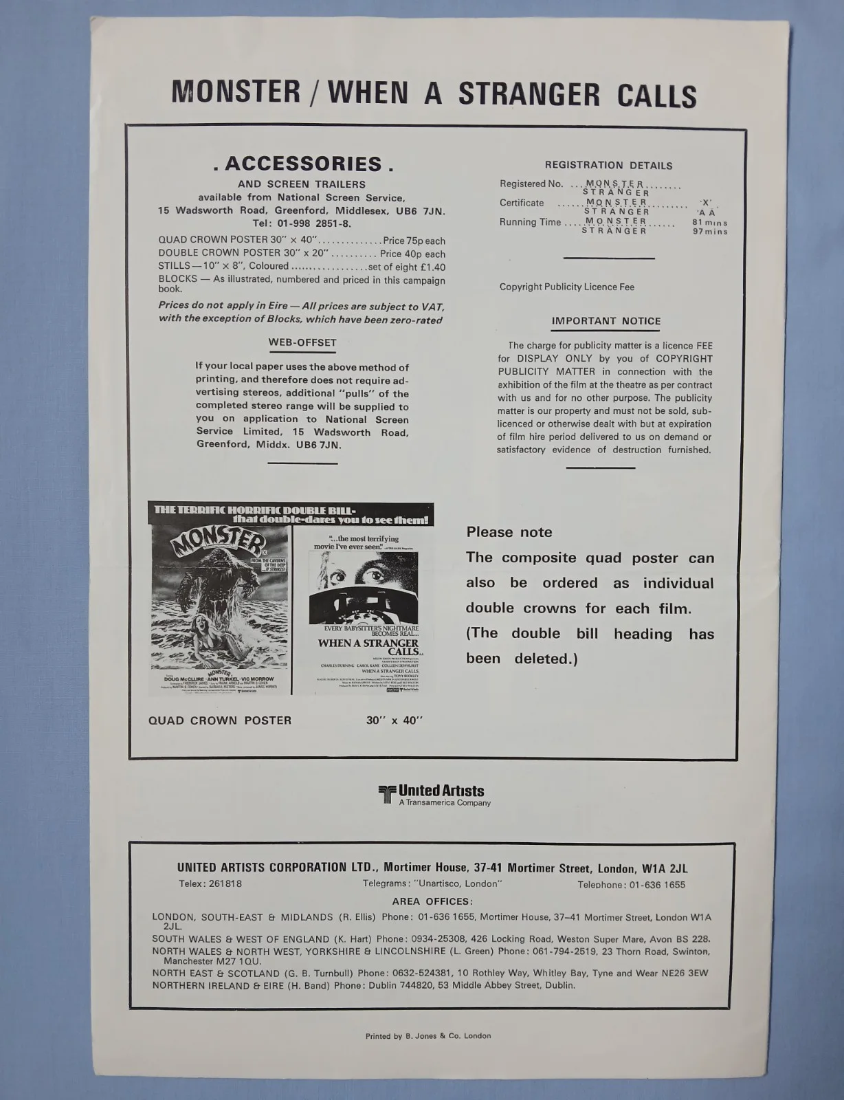 MONSTER/WHEN A STRANGER CALLS (1980,1979)original UK Campaign Press Book -horror, изображение 5