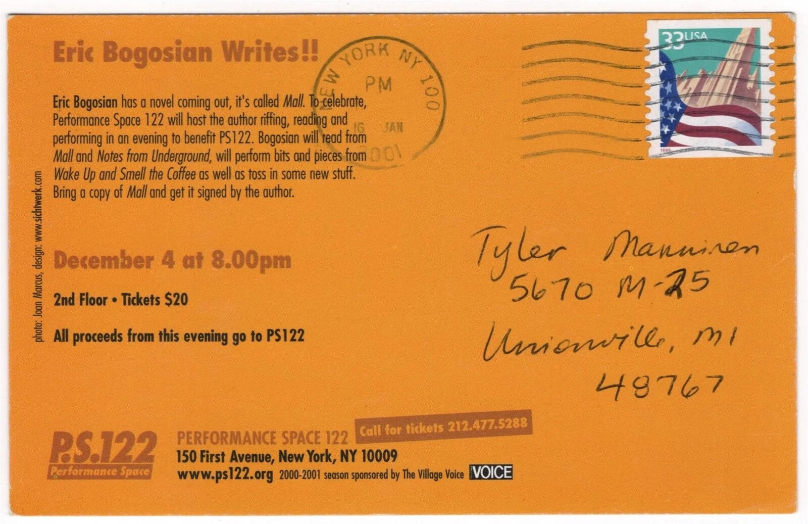 Eric Bogosian — 2001 Autographed Eric Bogosian Autographed Postcard PS122 Benefit, image 2