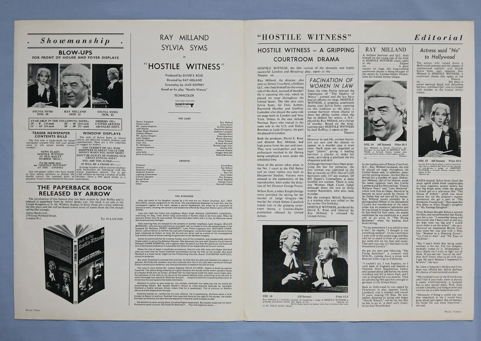 HOSTILE WITNESS (1968) rare original UK Campaign Press Book - Ray Milland, изображение 2