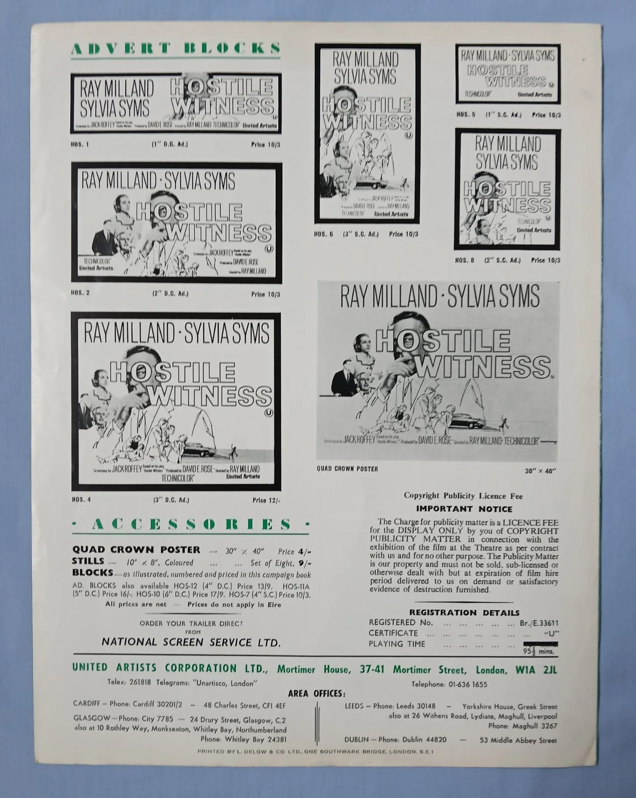 HOSTILE WITNESS (1968) rare original UK Campaign Press Book - Ray Milland, изображение 3