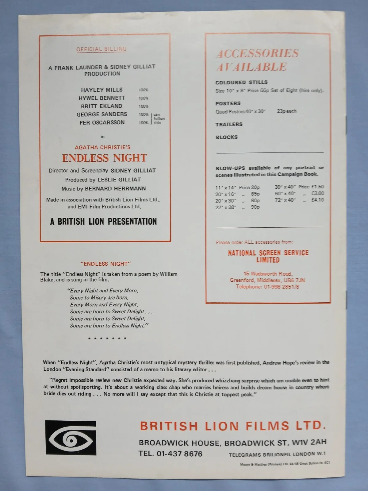 ENDLESS NIGHT (1972)rare orig UK Exhibitors Campaign Press Book -AGATHA CHRISTIE, image 5