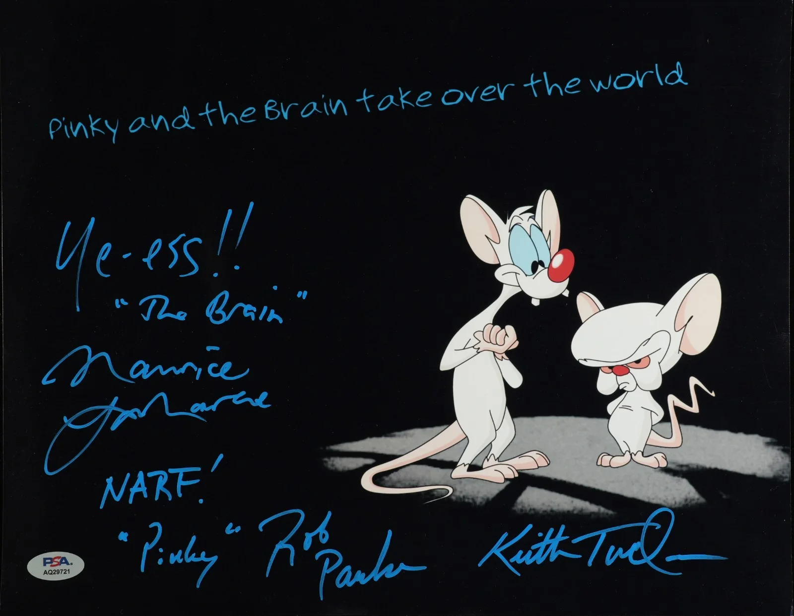 MAURICE LAMARCHE, ROB PAULSEN & KEITH TUCKER — PINKY IN THE BRAIN CAST SIGNED 11X14 PHOTO MAURICE LAMARCHE PAULSEN TUCKER PSA