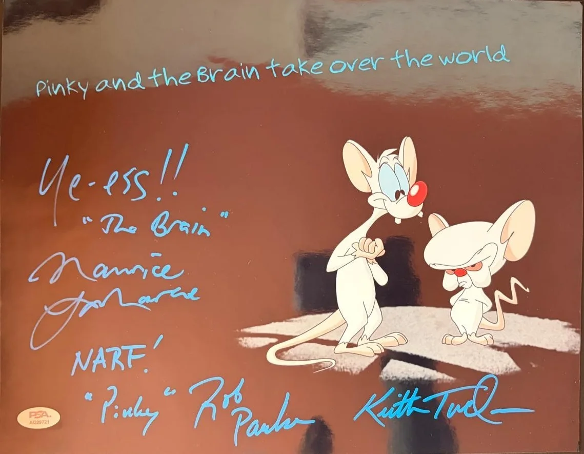MAURICE LAMARCHE, ROB PAULSEN, KEITH TUCKER — PINKY IN THE BRAIN CAST SIGNED 11X14 PHOTO MAURICE LAMARCHE PAULSEN TUCKER PSA, изображение 2