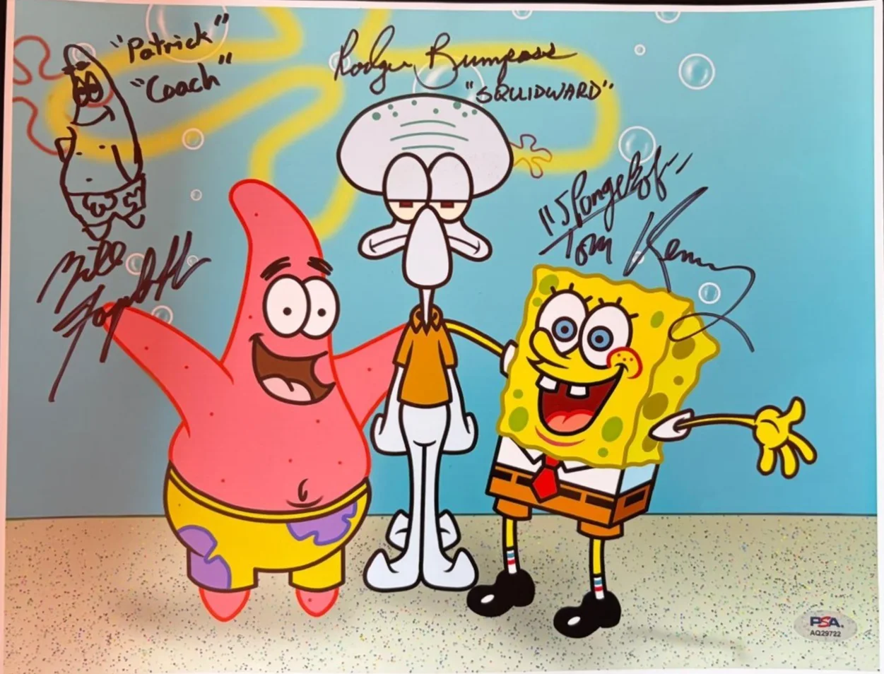 RODGER BUMPASS, BILL FAGERBAKKE & TOM KENNY — SPONGEBOB CAST SIGNED AUTO 11X14 PHOTO SKETCH BUMPASS FAGERBAKKE TOM KENNY PSA