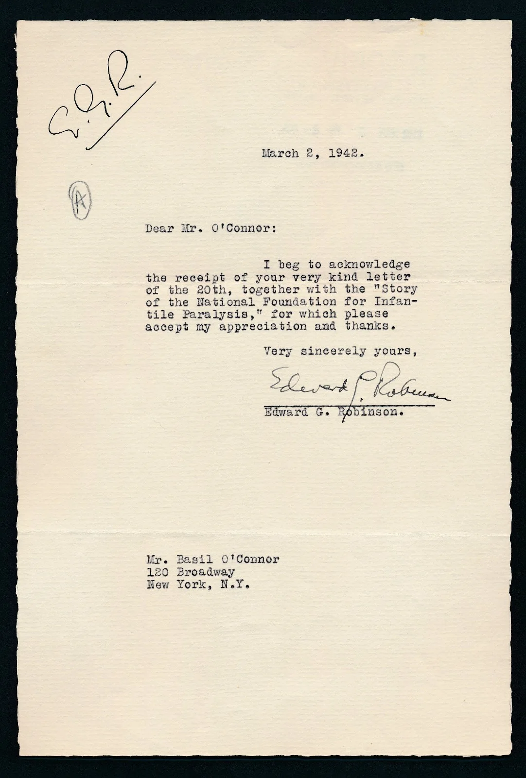 Edward G. Robinson - 1942 TLS to The March of Dimes - Autograph w/ Photo, изображение 2