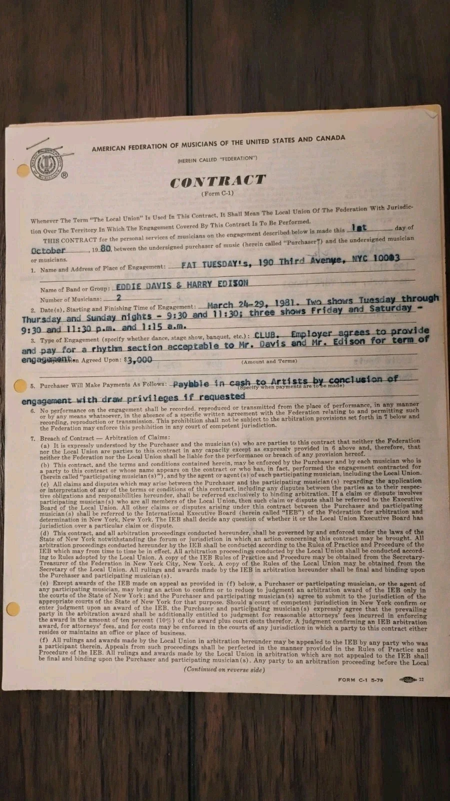 EDDIE DAVIS — Eddie "Lockjaw" Davis & Harry Edison FAT TUESDAYS NY Signed 7pg Contract 1981