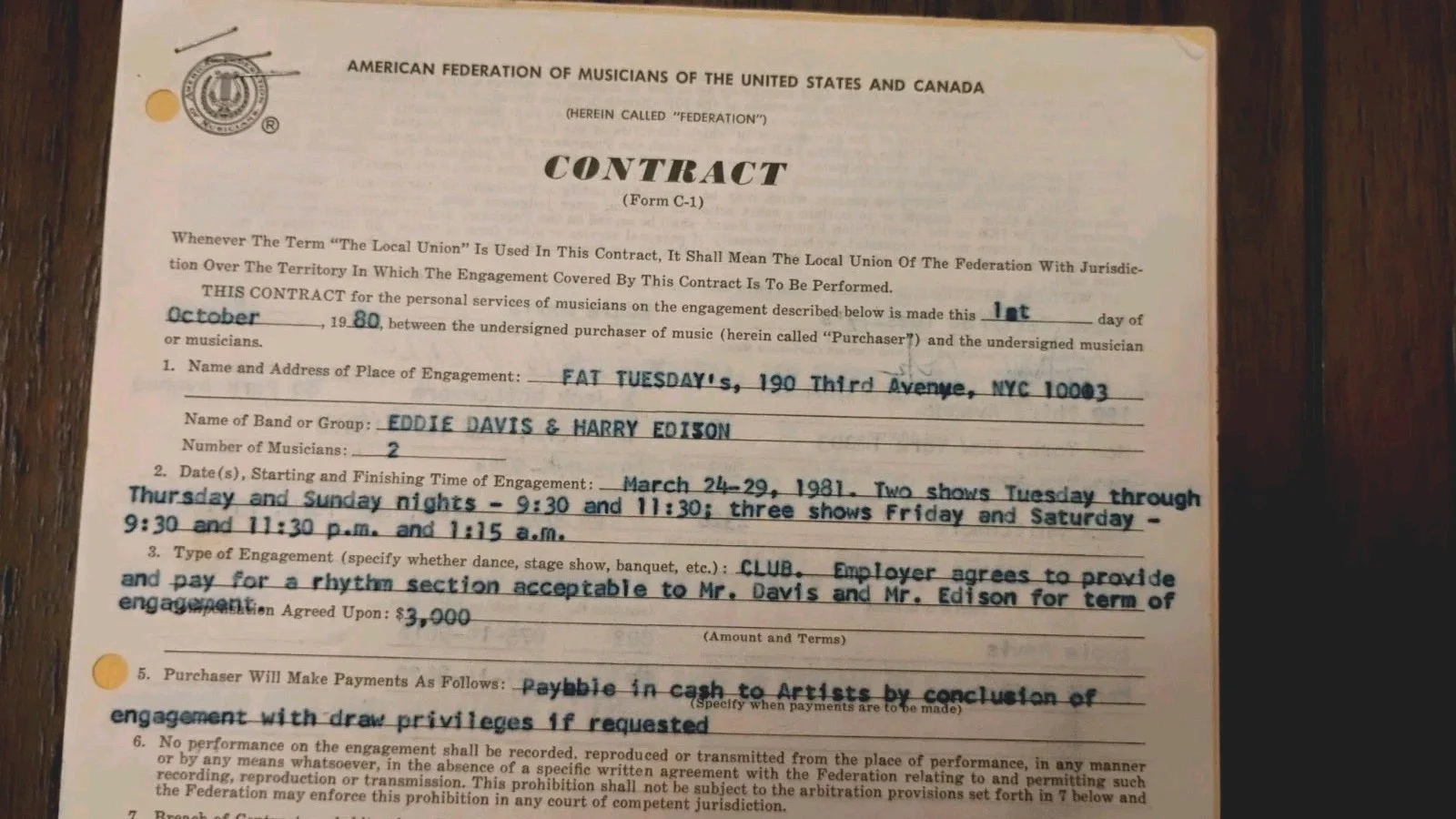 EDDIE DAVIS — Eddie "Lockjaw" Davis & Harry Edison FAT TUESDAYS NY Signed 7pg Contract 1981, изображение 2