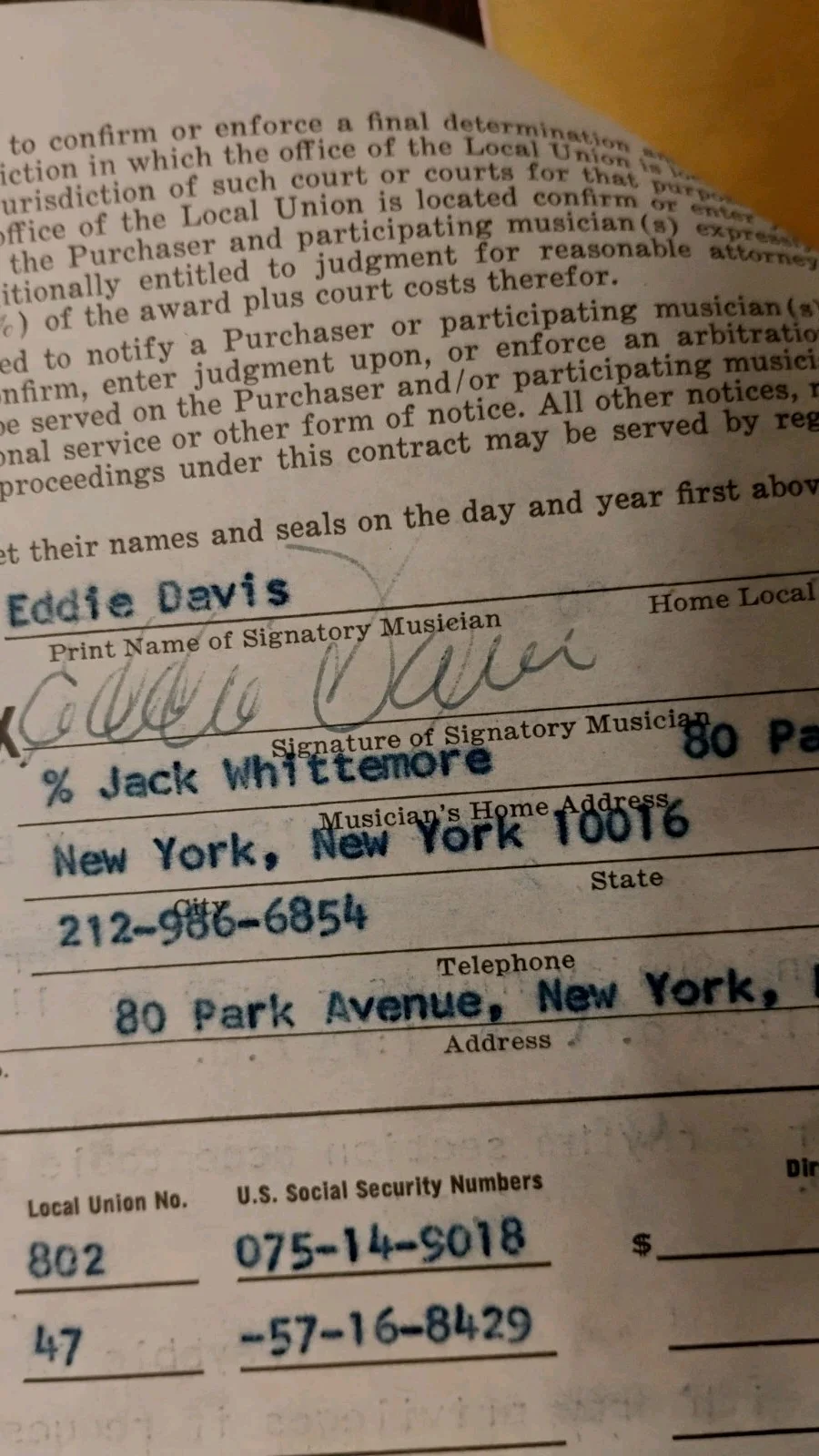 EDDIE DAVIS — Eddie "Lockjaw" Davis & Harry Edison FAT TUESDAYS NY Signed 7pg Contract 1981, изображение 4