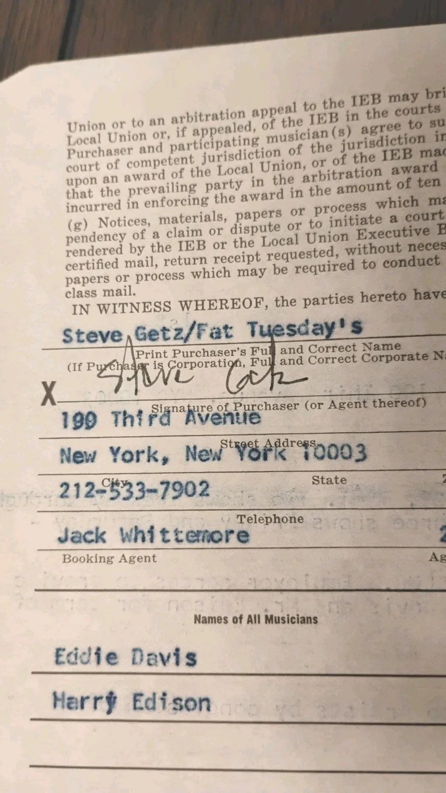 EDDIE DAVIS — Eddie "Lockjaw" Davis & Harry Edison FAT TUESDAYS NY Signed 7pg Contract 1981, изображение 5