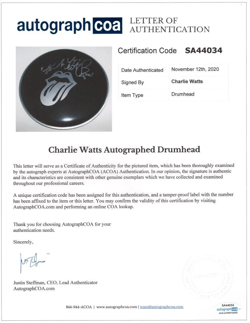 Charlie Watts — Charlie Watts Rolling Stones Signed Autograph 10" Tongue Drum Head Skin JSA COA, image 3