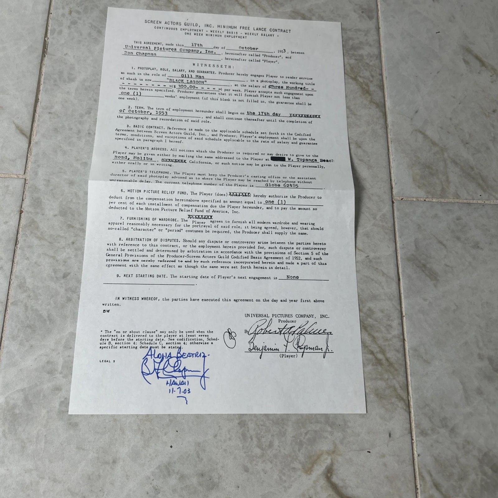 Vtg Ben Chapman Signed Creature The Black Lagoon 1953 Sag Contract, Lot 8, изображение 3
